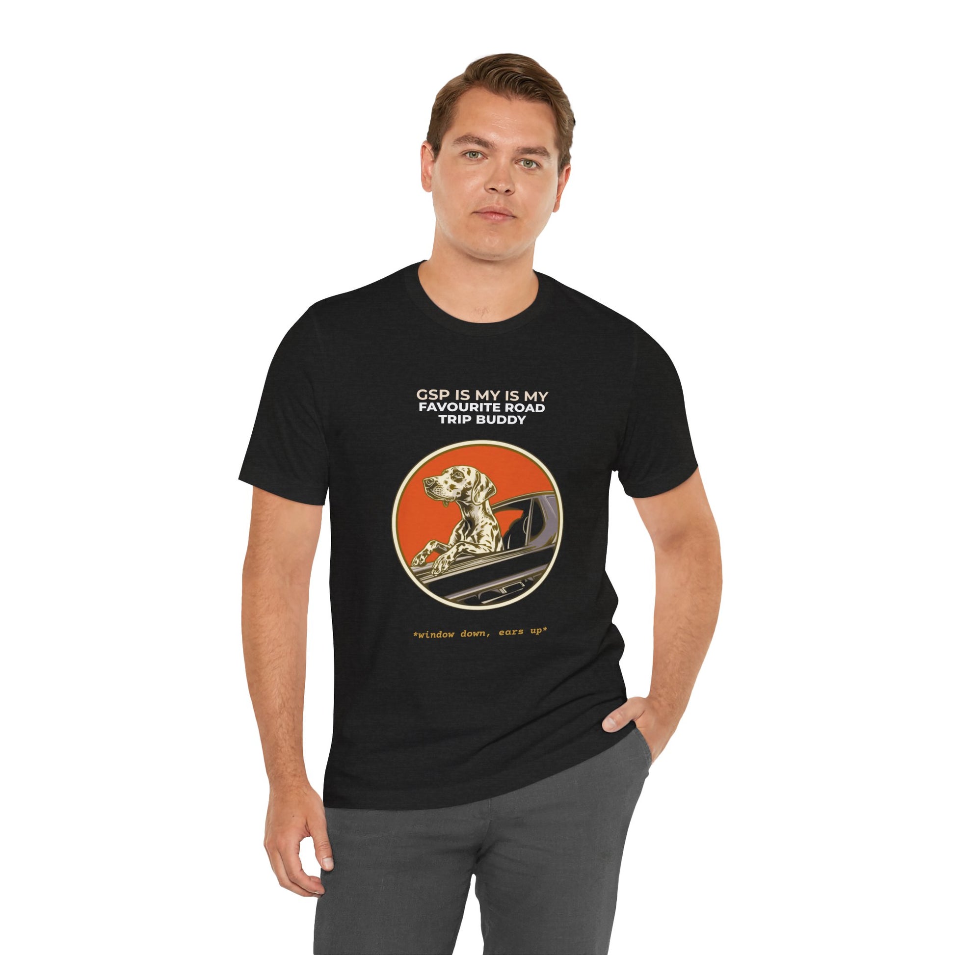 German Pointer Road Trip Buddy t-shirt — funny GSP travel tee on Bella+Canvas 3001, view 11