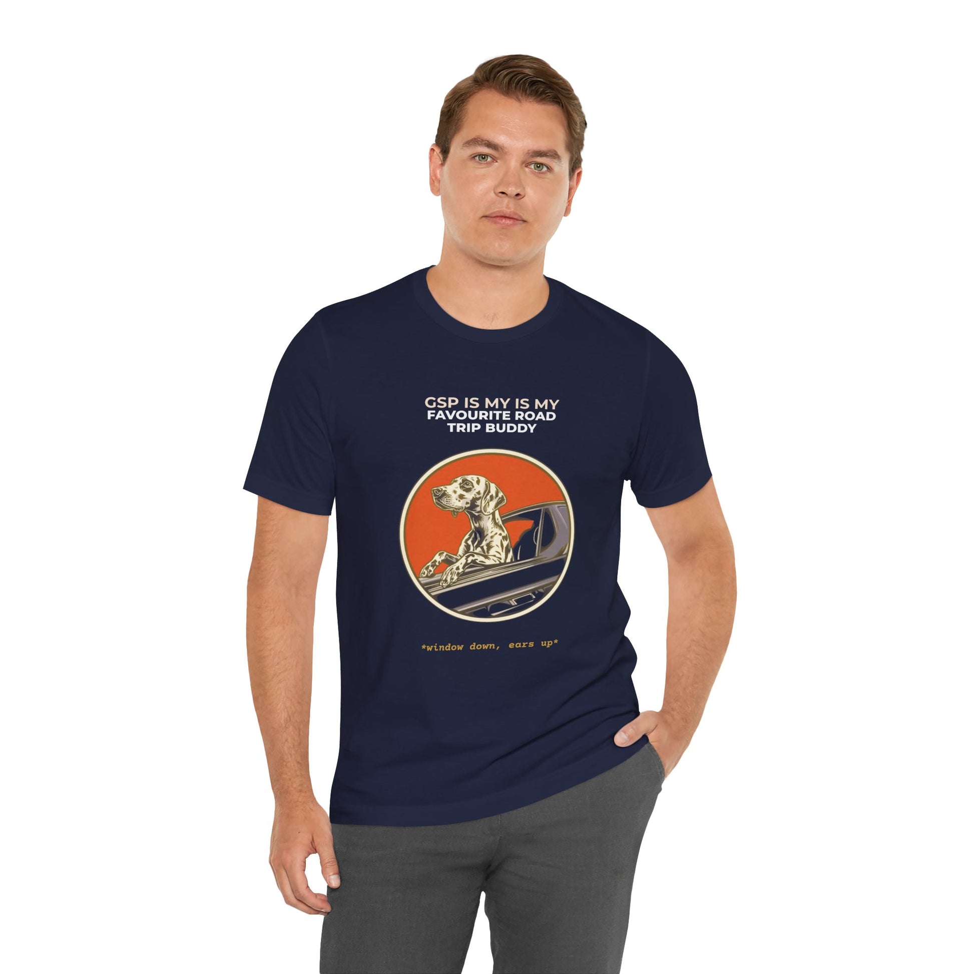 German Pointer Road Trip Buddy t-shirt — funny GSP travel tee on Bella+Canvas 3001, view 23