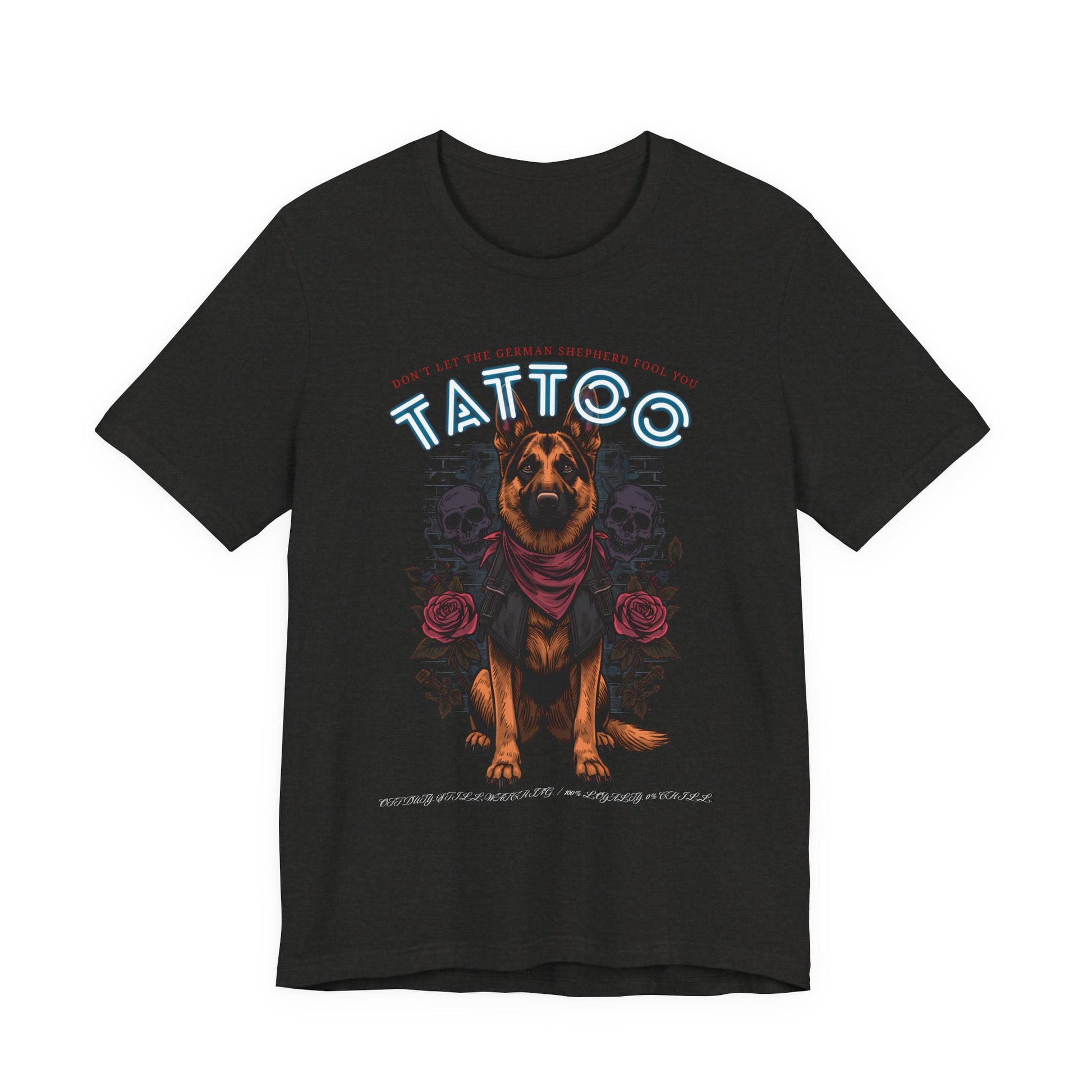German Shepherd Biker Ink Shop t-shirt - black heather - front view
