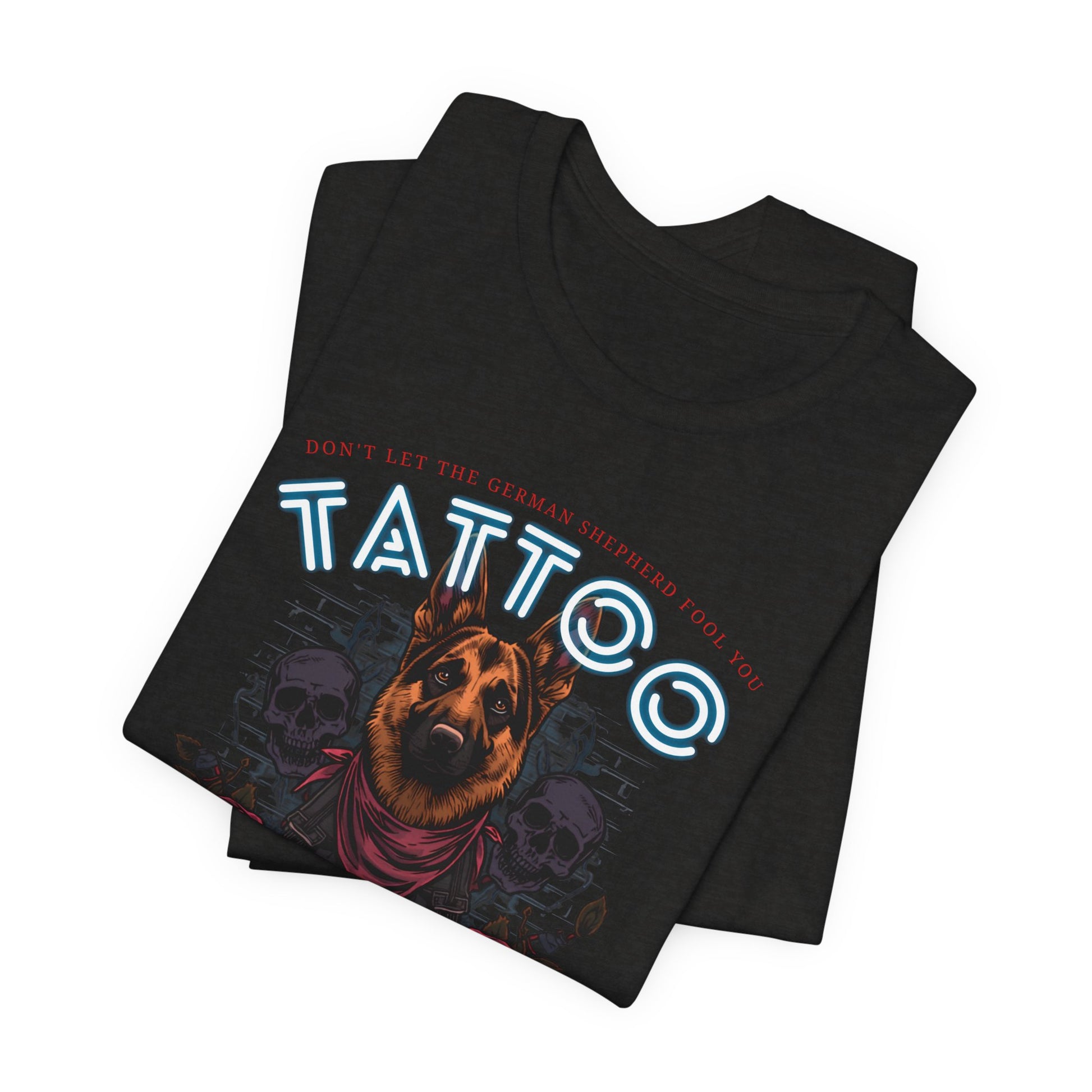 German Shepherd Biker Ink Shop t-shirt - black heather - model wearing tee