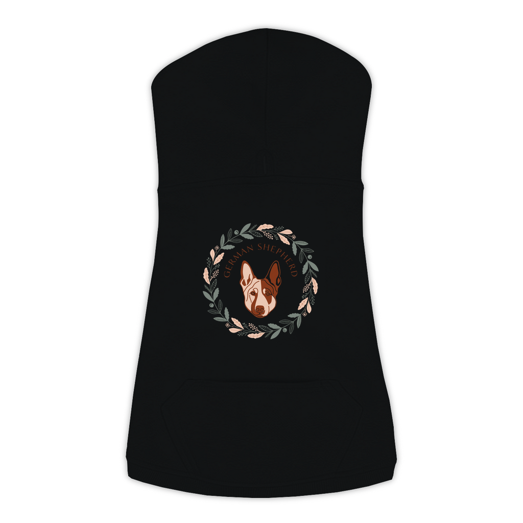 German Shepherd dog hoodie in Black — boho-inspired print on cosy fleece pullover, size 2XL