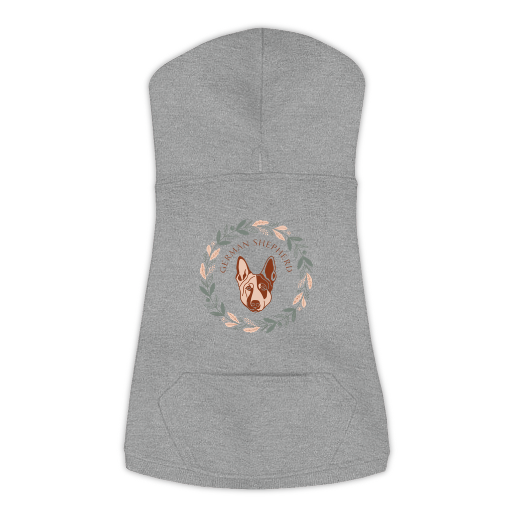 German Shepherd dog hoodie in Granite Heather — boho-inspired print on cosy fleece pullover, size 3XL