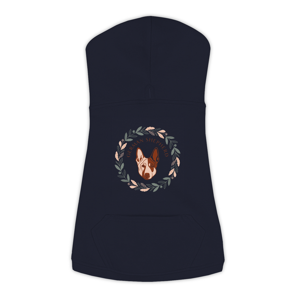 German Shepherd dog hoodie in Navy — boho-inspired print on cosy fleece pullover, size 2XL