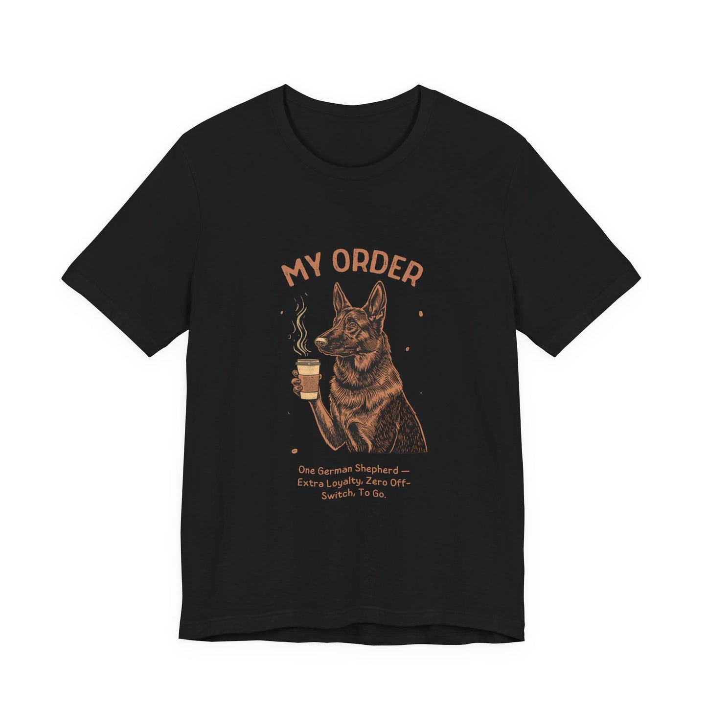 German Shepherd Café Order T-Shirt – Black – Flat Lay