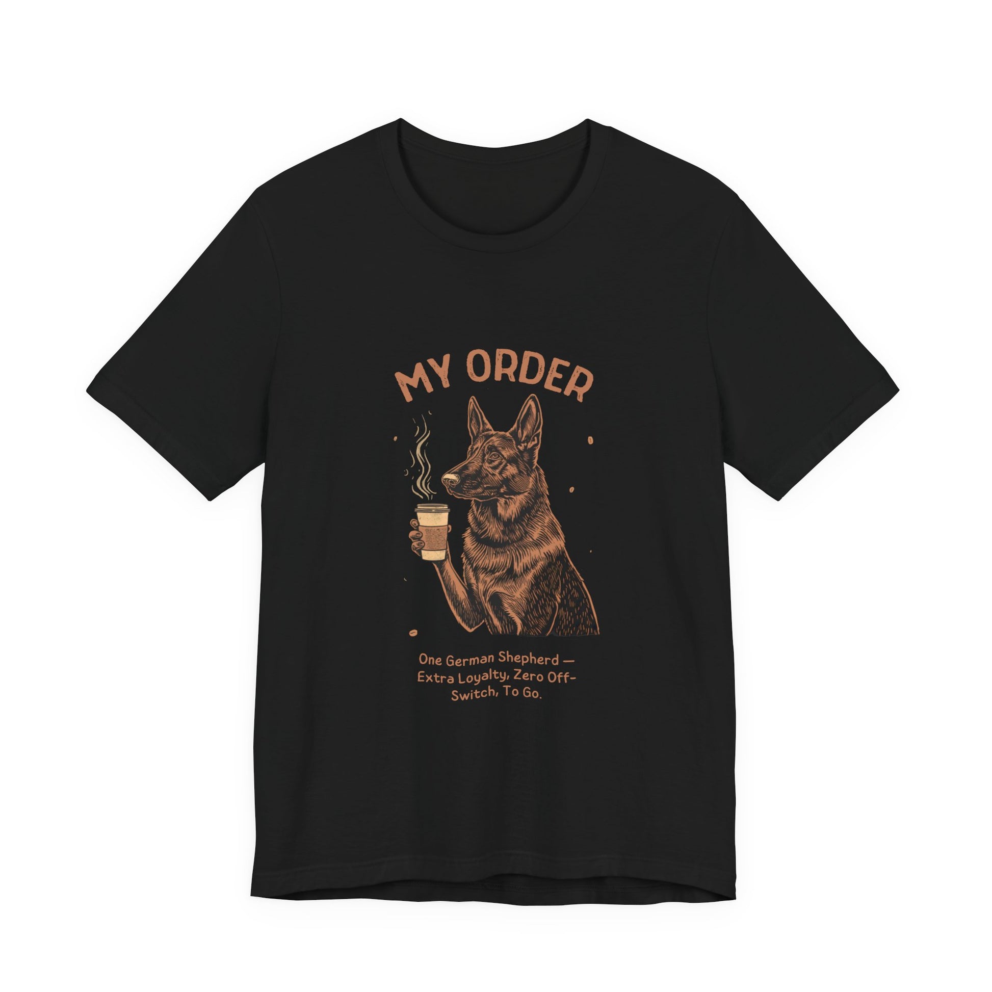 German Shepherd Café Order T-Shirt – Black – Flat Lay