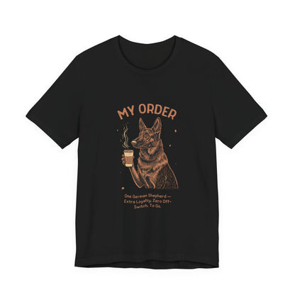 German Shepherd Café Order T-Shirt – Black – Flat Lay