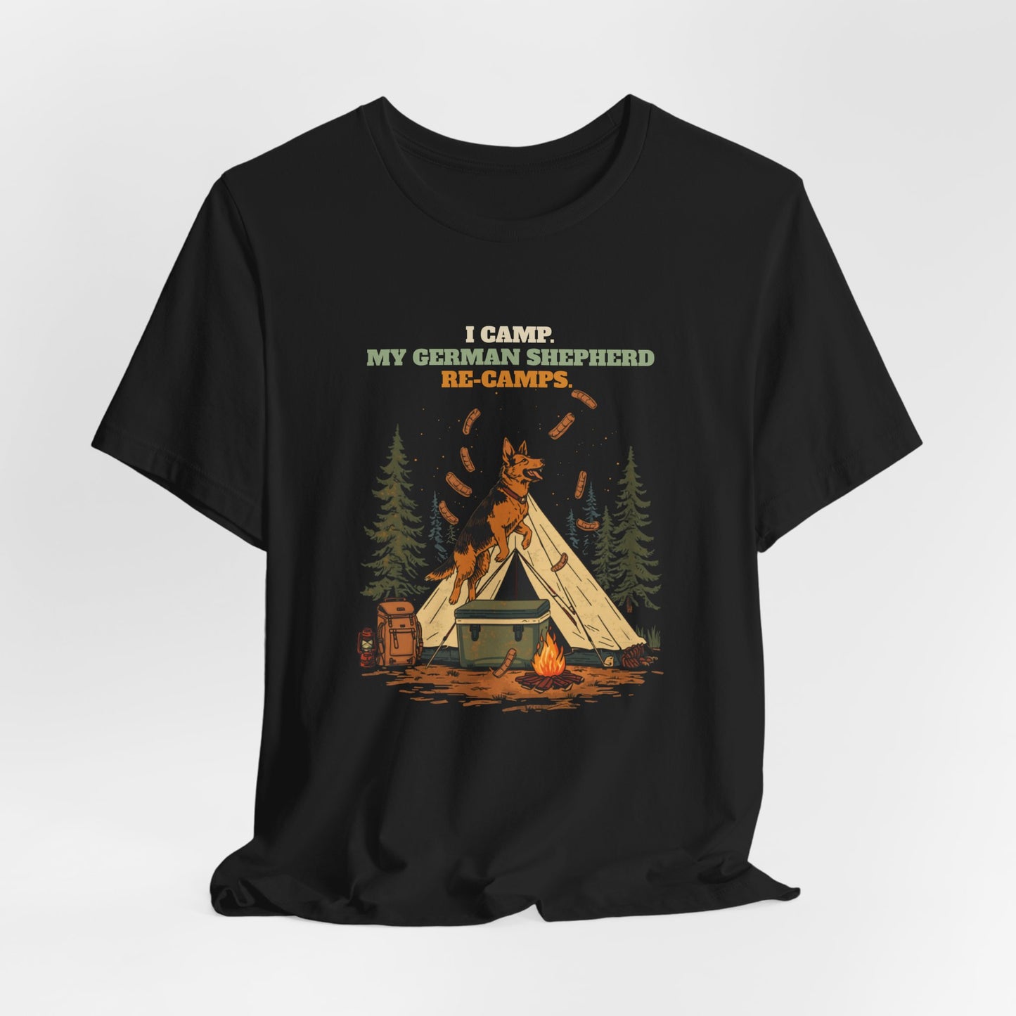 German Shepherd camping tee folded flat lay