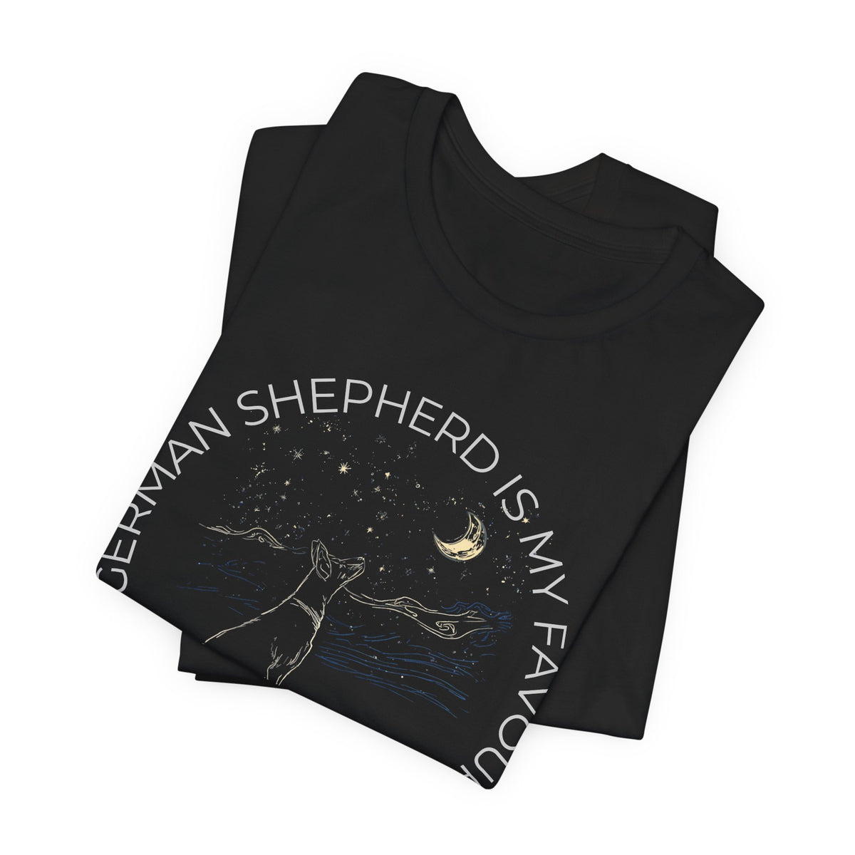 German Shepherd Cosmic Companion T-Shirt worn by model outdoors