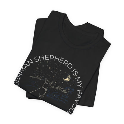 German Shepherd Cosmic Companion T-Shirt worn by model outdoors