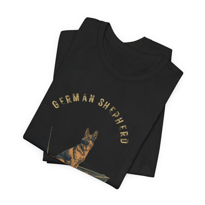 German Shepherd Fishing Buddy t-shirt, back close-up detail