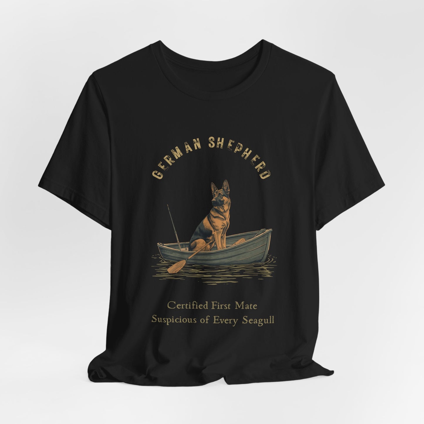 German Shepherd Fishing Buddy t-shirt worn by model, lifestyle shot