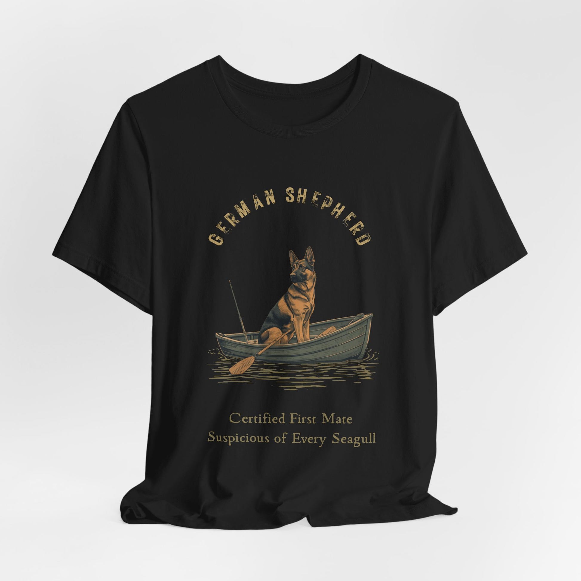 German Shepherd Fishing Buddy t-shirt worn by model, lifestyle shot