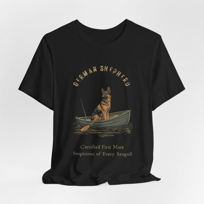German Shepherd Fishing Buddy t-shirt worn by model, lifestyle shot