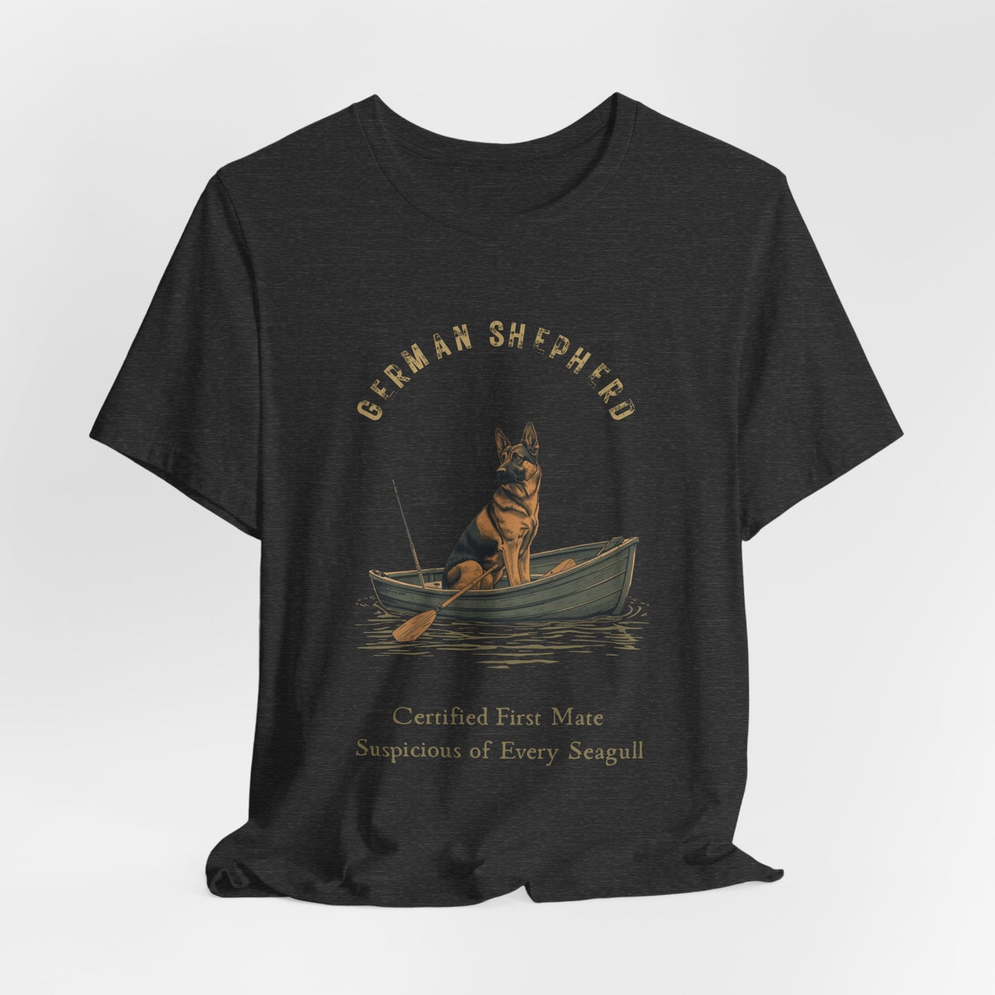 German Shepherd Fishing Buddy t-shirt worn by model, full body shot