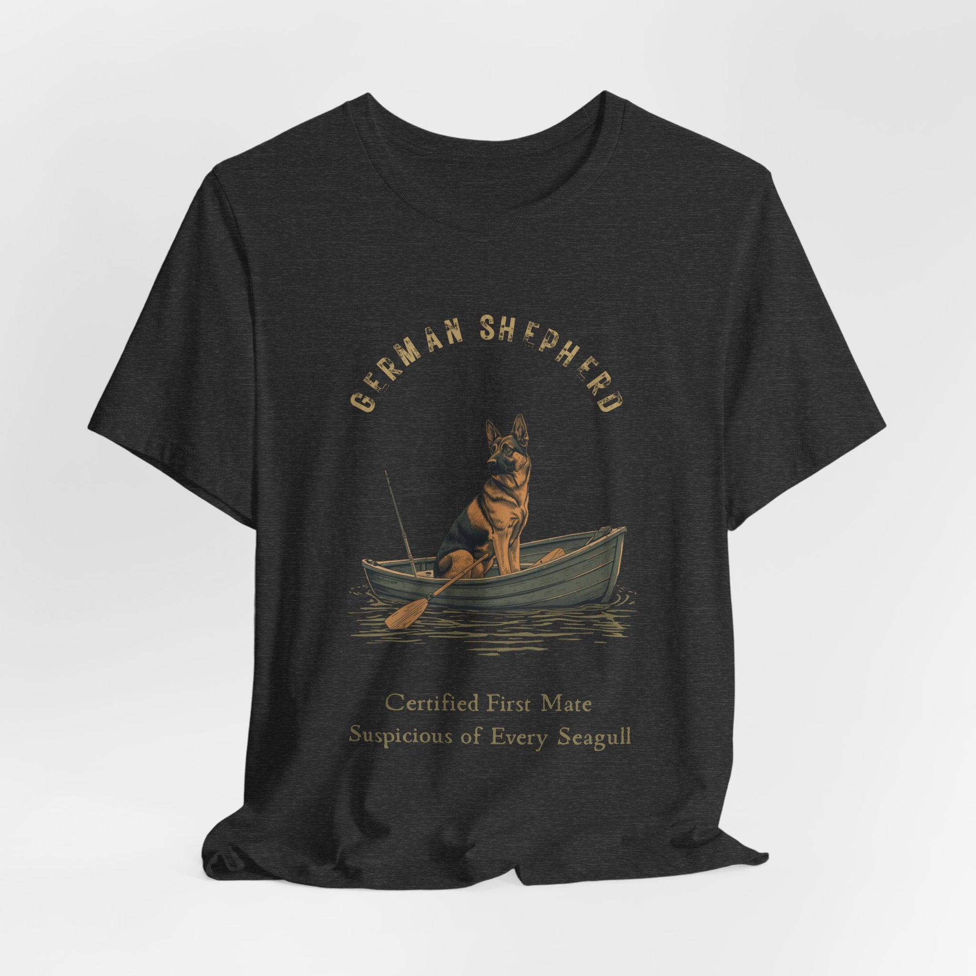 German Shepherd Fishing Buddy t-shirt worn by model, full body shot