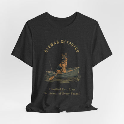 German Shepherd Fishing Buddy t-shirt worn by model, full body shot