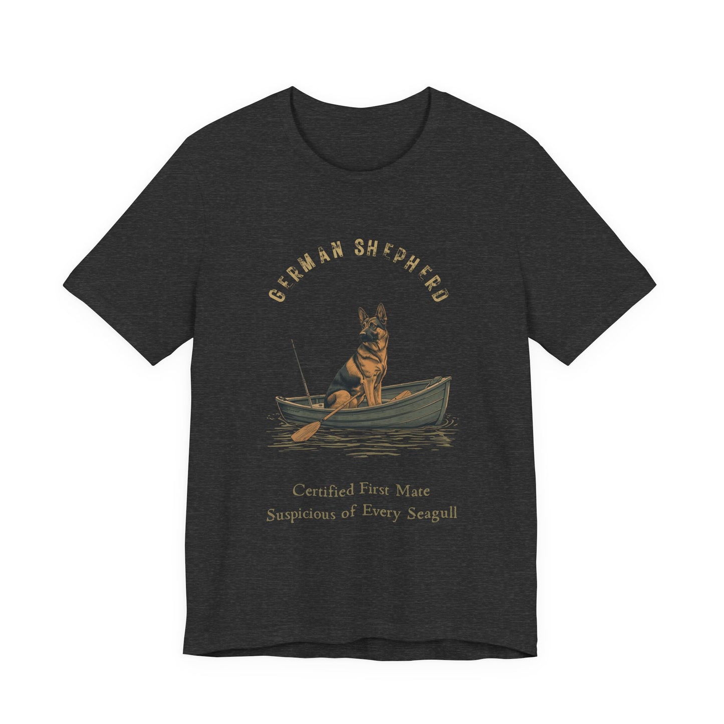 German Shepherd Fishing Buddy t-shirt worn by model, seated shot