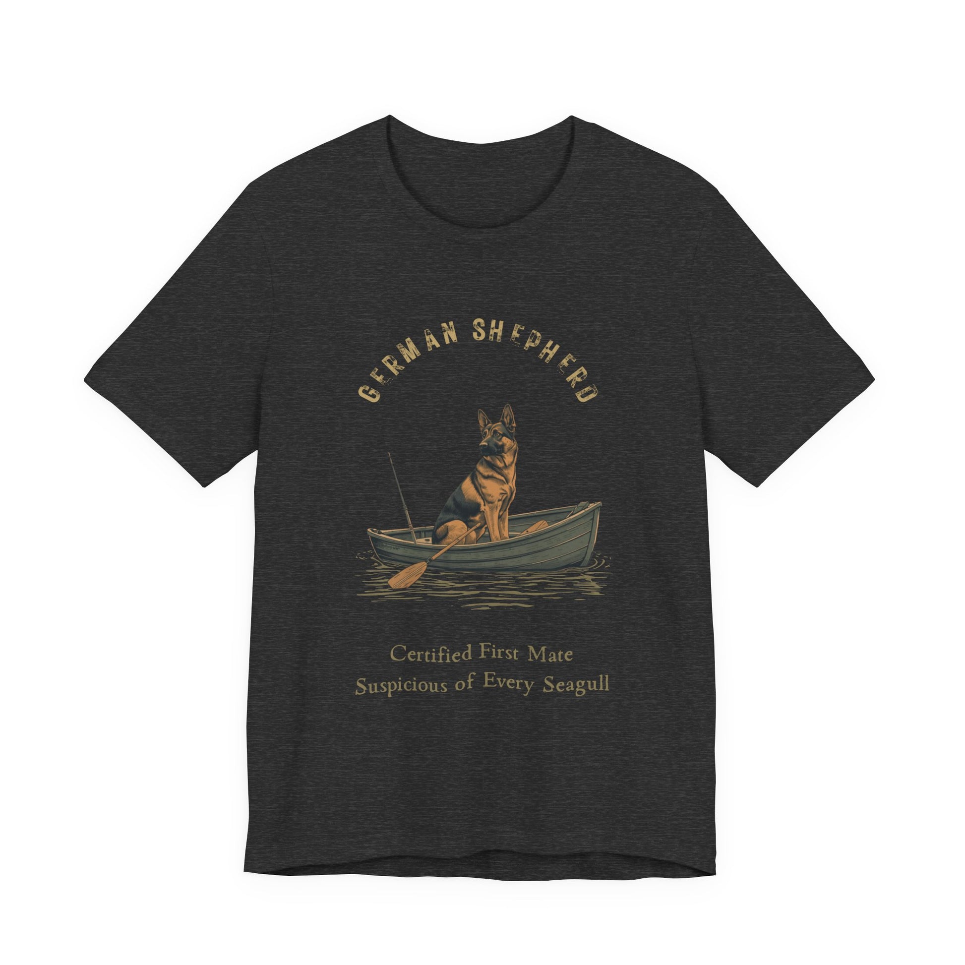 German Shepherd Fishing Buddy t-shirt worn by model, seated shot