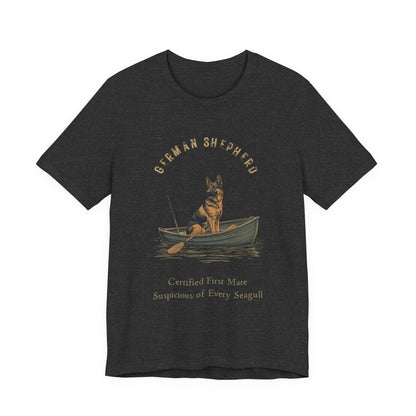 German Shepherd Fishing Buddy t-shirt worn by model, seated shot