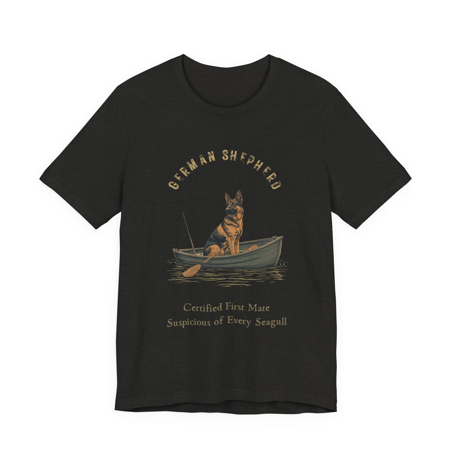German Shepherd Fishing Buddy t-shirt worn by model, three-quarter view