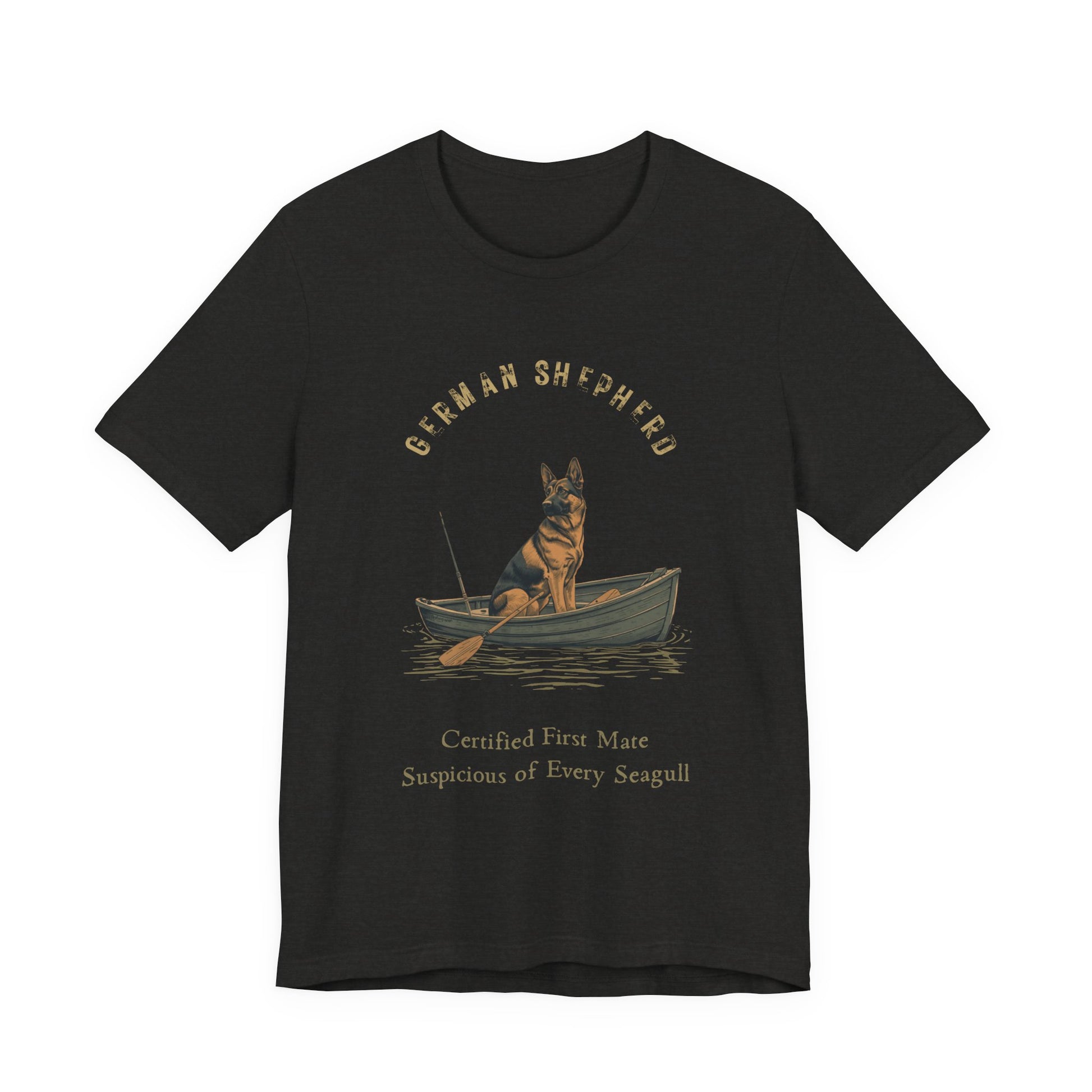 German Shepherd Fishing Buddy t-shirt worn by model, three-quarter view