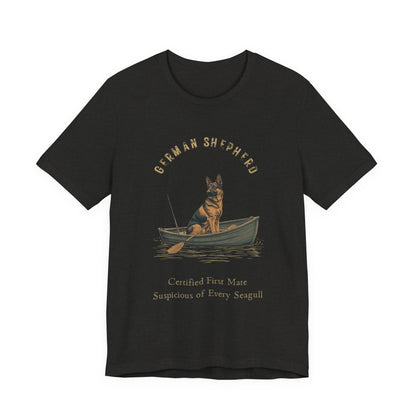 German Shepherd Fishing Buddy t-shirt worn by model, three-quarter view