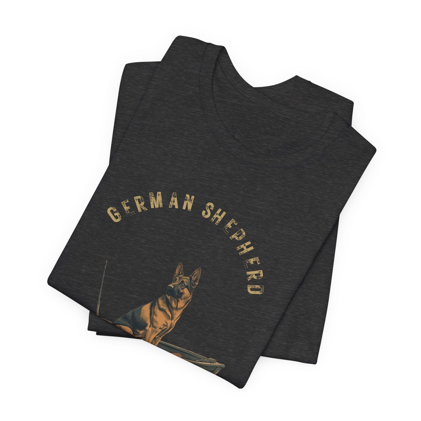 German Shepherd Fishing Buddy t-shirt, neckline and seam detail
