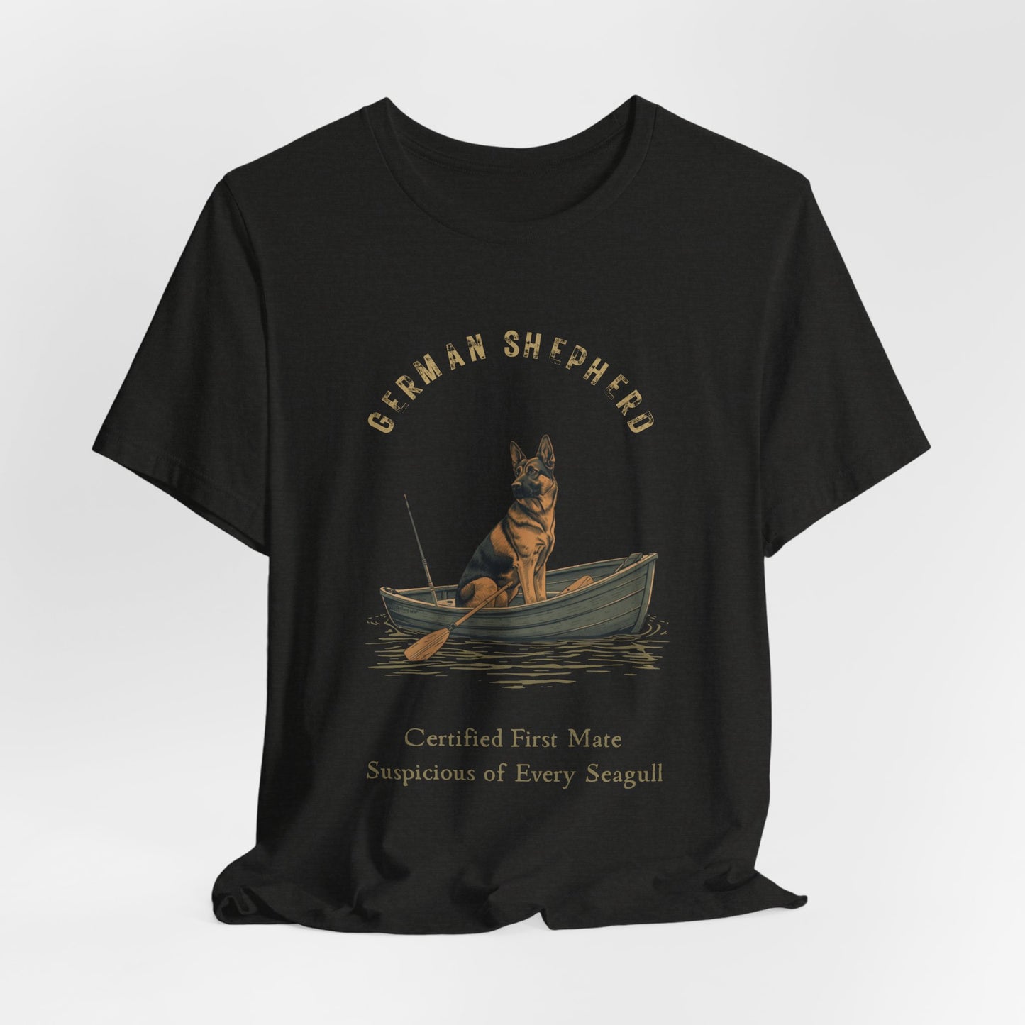German Shepherd Fishing Buddy t-shirt, design print detail close-up