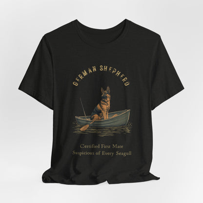 German Shepherd Fishing Buddy t-shirt, design print detail close-up