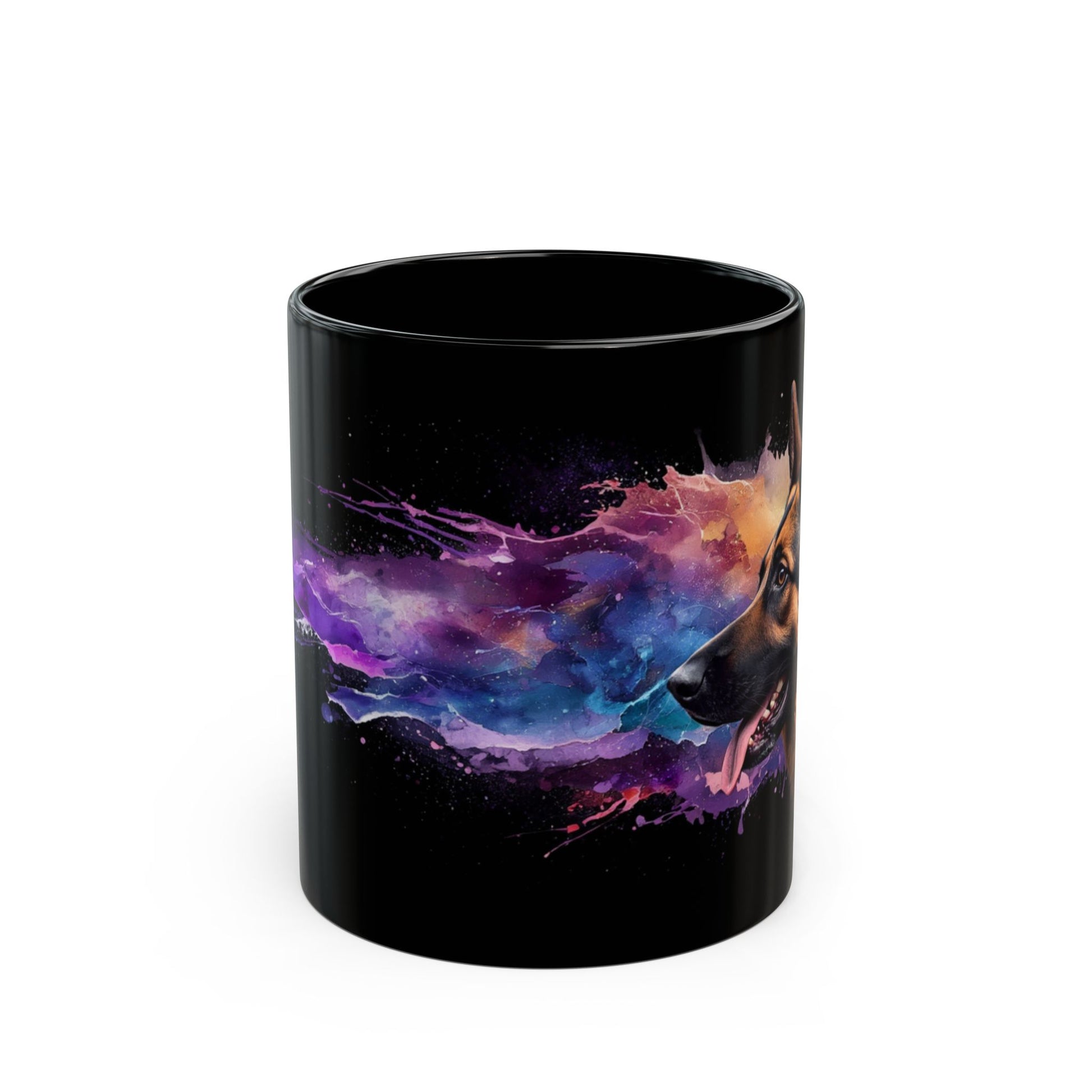 German Shepherd galaxy mug shown in hand