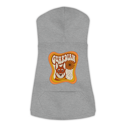 German Shepherd dog hoodie in Granite Heather — groovy retro print on cosy fleece pullover, size XL