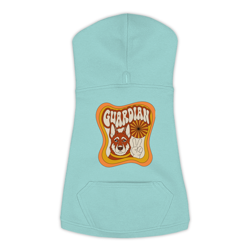 German Shepherd dog hoodie in Saltwater — groovy retro print on cosy fleece pullover, size XL