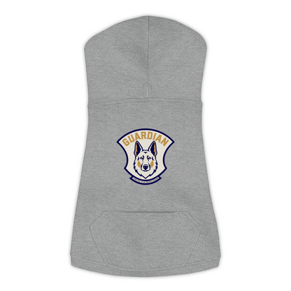 German Shepherd guardian patch hoodie in granite heather, close-up of patch design