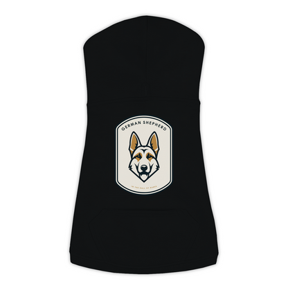German Shepherd dog hoodie in Black — Hall of Barks gold crest emblem print on cosy fleece pullover