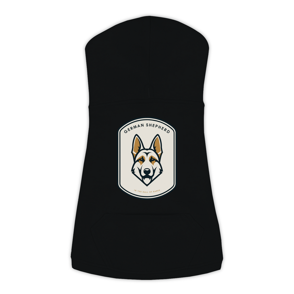German Shepherd dog hoodie in Black — Hall of Barks gold crest emblem print on cosy fleece pullover