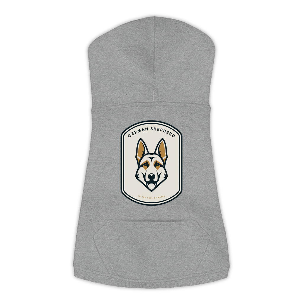 German Shepherd dog hoodie in Granite Heather — Hall of Barks gold crest emblem print on cosy fleece pullover