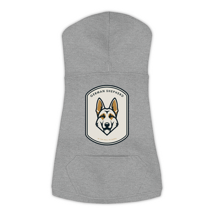 German Shepherd dog hoodie in Granite Heather — Hall of Barks gold crest emblem print on cosy fleece pullover