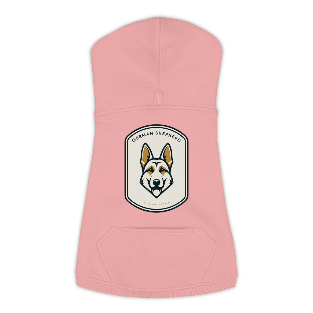 German Shepherd dog hoodie in Mauvelous — Hall of Barks gold crest emblem print on cosy fleece pullover