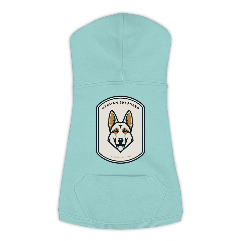 German Shepherd dog hoodie in Saltwater — Hall of Barks gold crest emblem print on cosy fleece pullover