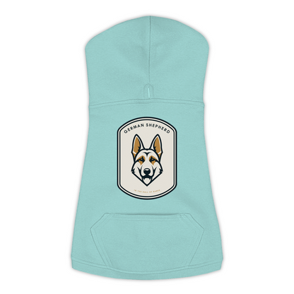 German Shepherd dog hoodie in Saltwater — Hall of Barks gold crest emblem print on cosy fleece pullover
