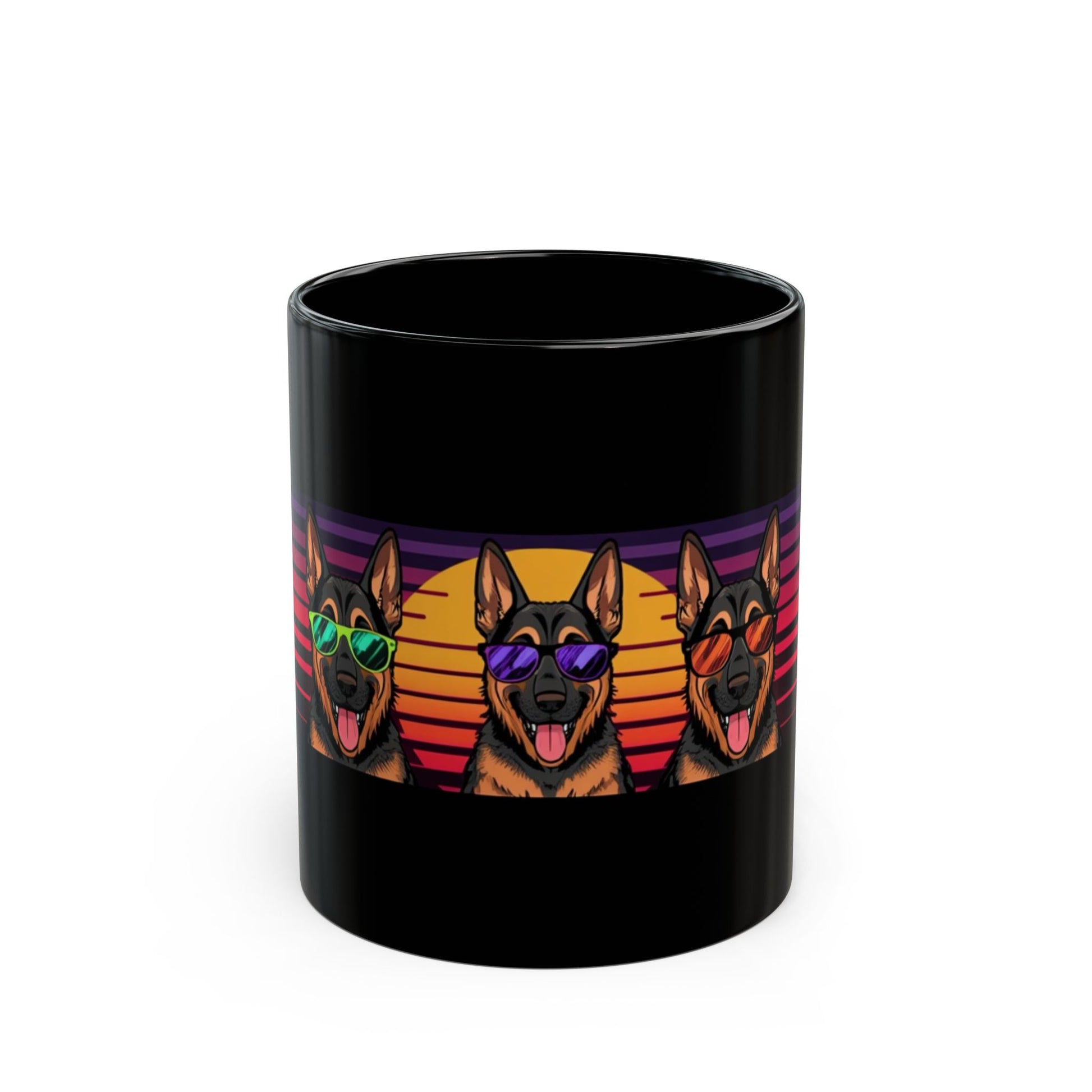 German Shepherd in sunglasses retro sunset mug front view