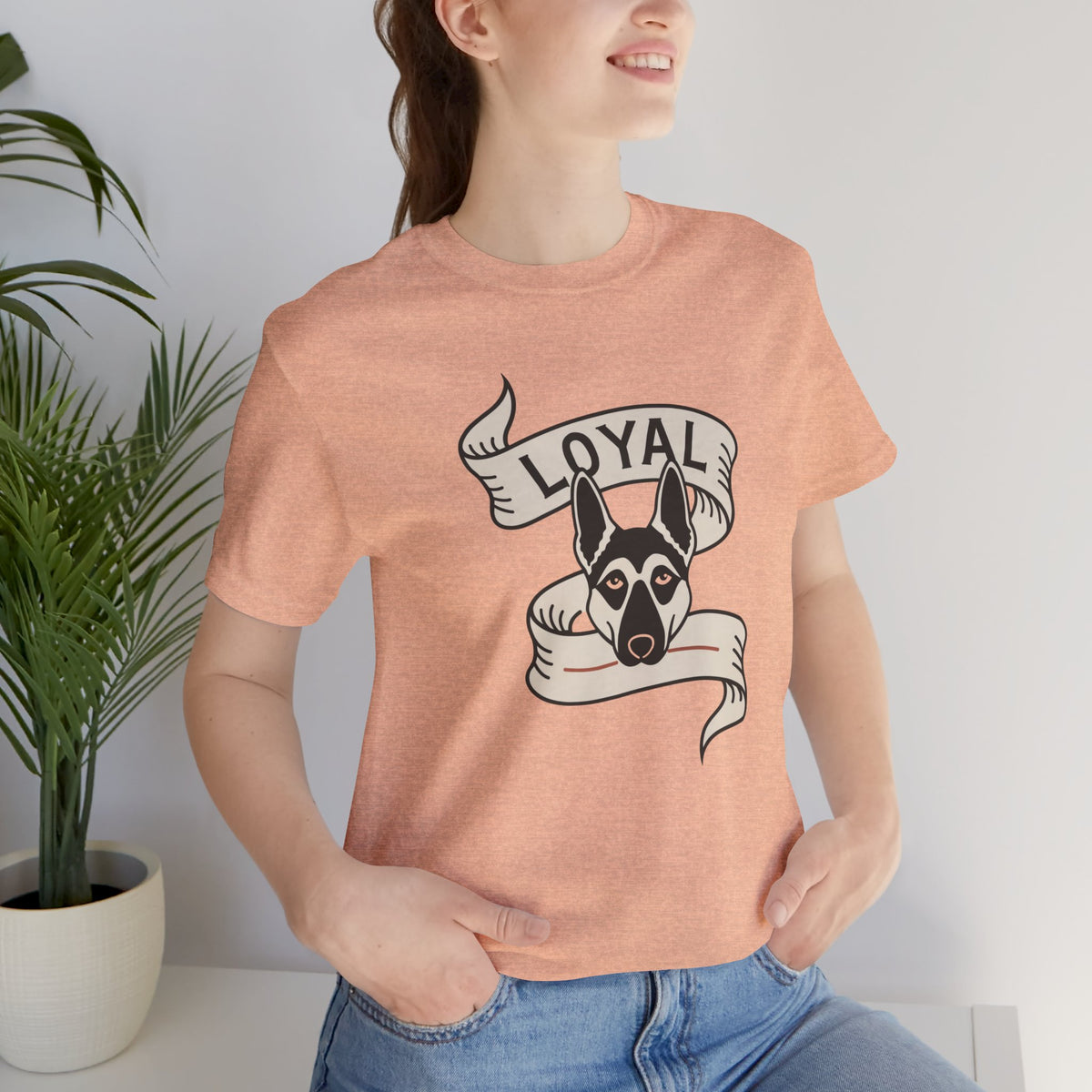 German Shepherd Loyal Ribbon t-shirt in heather peach, front view