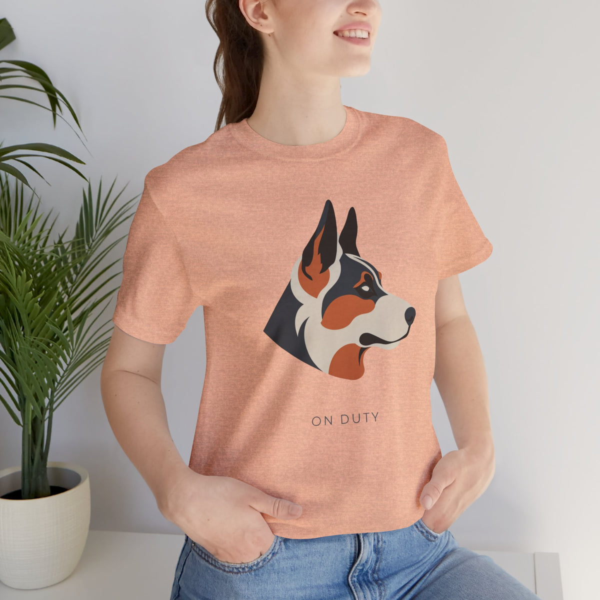 German Shepherd On Duty t-shirt in heather peach, front view