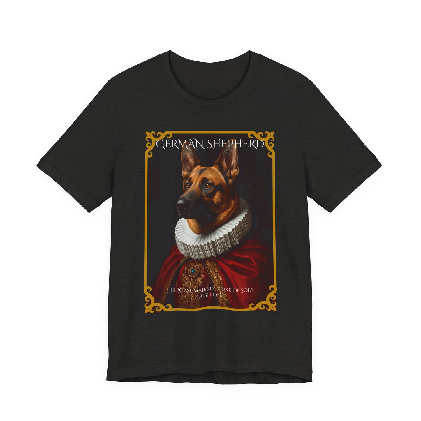Model wearing the German Shepherd Renaissance portrait tee, front pose