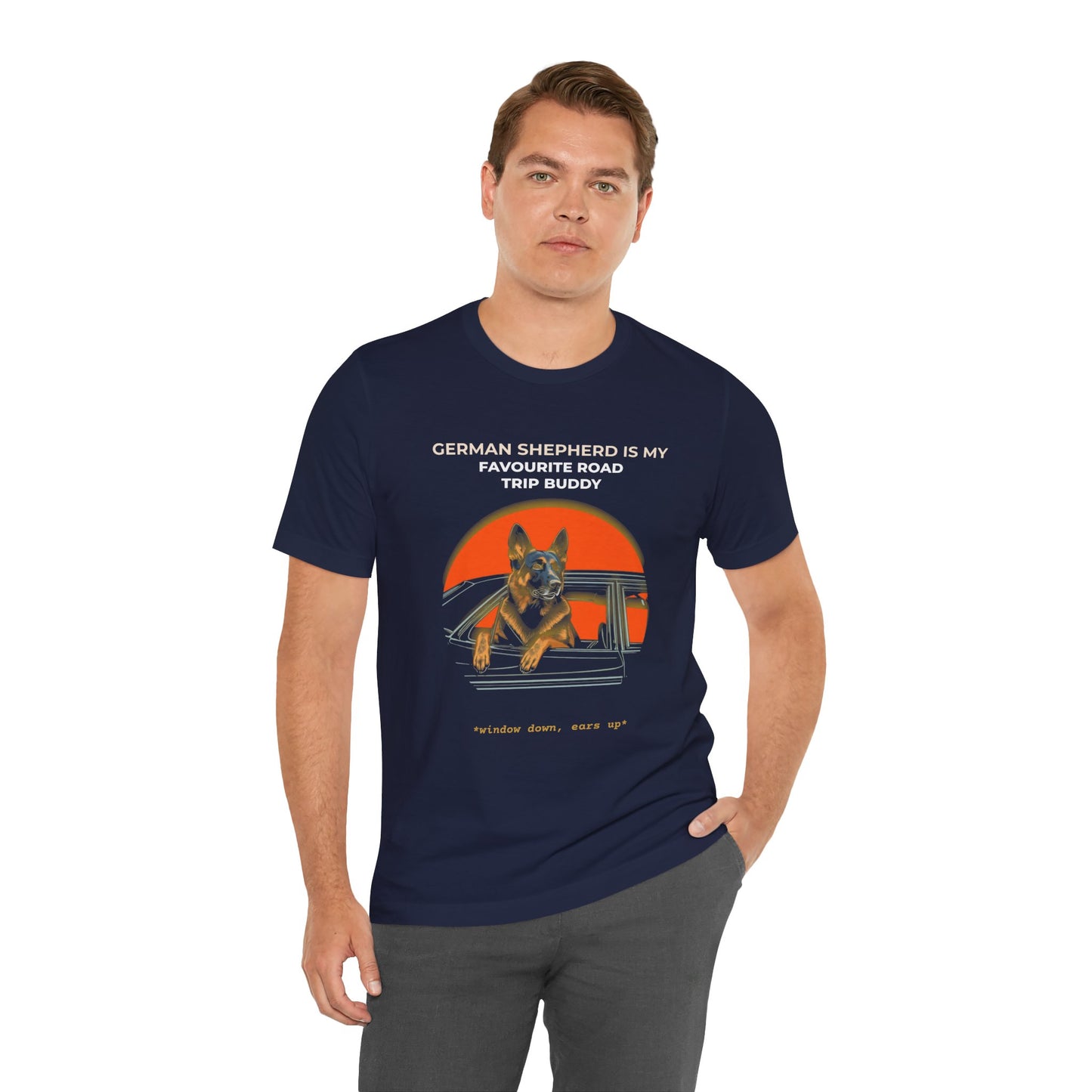 German Shepherd Road Trip Buddy t-shirt — funny GSD travel tee on Bella+Canvas 3001, view 23
