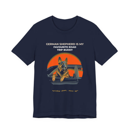 German Shepherd Road Trip Buddy t-shirt — funny GSD travel tee on Bella+Canvas 3001, view 24