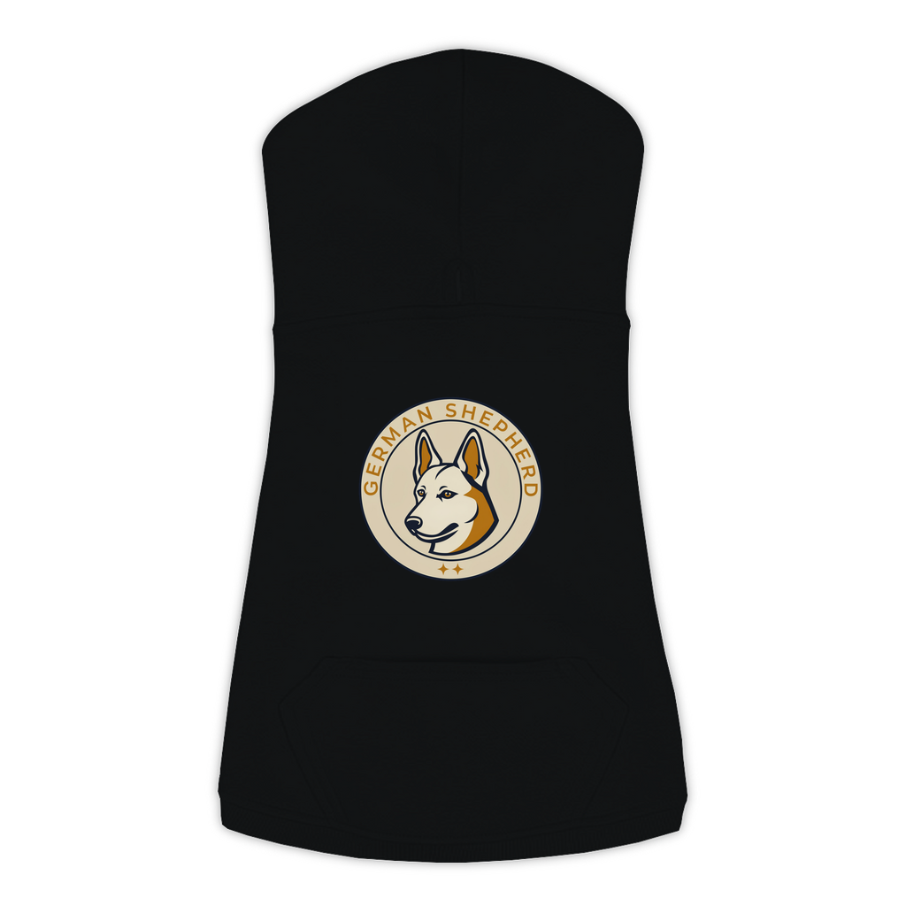 German Shepherd dog hoodie in Black — vintage roundel badge print on cosy fleece pullover