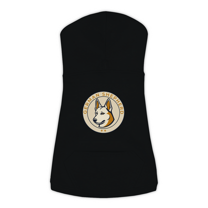 German Shepherd dog hoodie in Black — vintage roundel badge print on cosy fleece pullover