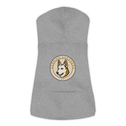 German Shepherd dog hoodie in Granite Heather — vintage roundel badge print on cosy fleece pullover