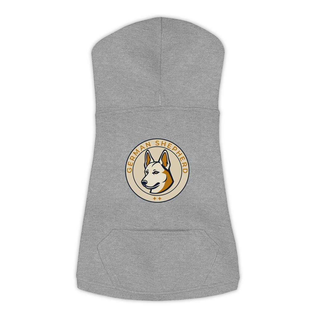 German Shepherd dog hoodie in Granite Heather — vintage roundel badge print on cosy fleece pullover